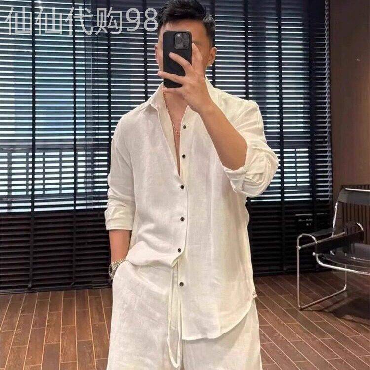 2026夏季薄款亚麻长袖套装男士透气防晒衬衫百搭休闲短裤两件套