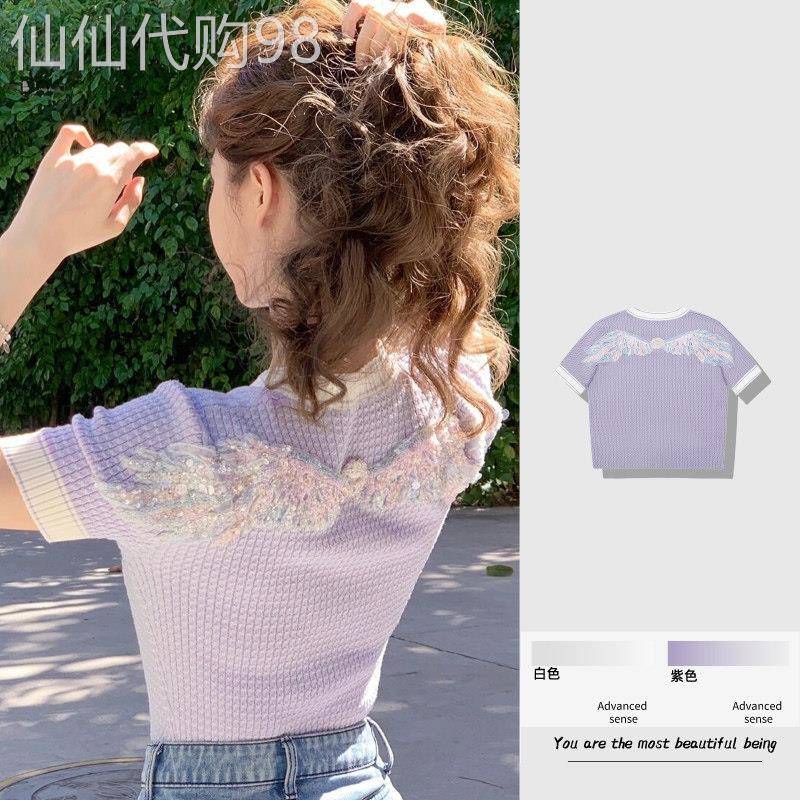 后背翅膀紫色漂亮短款上衣女独特设计感法式甜美小香风短袖T恤夏