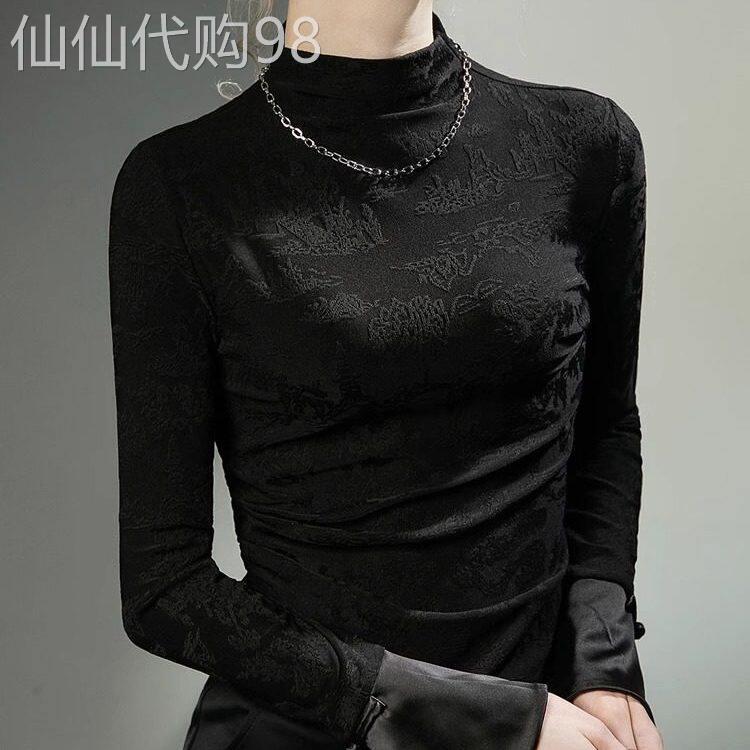 提花刺绣黑色新中式打底衫女早春新款立领国风内搭民族风长袖T恤