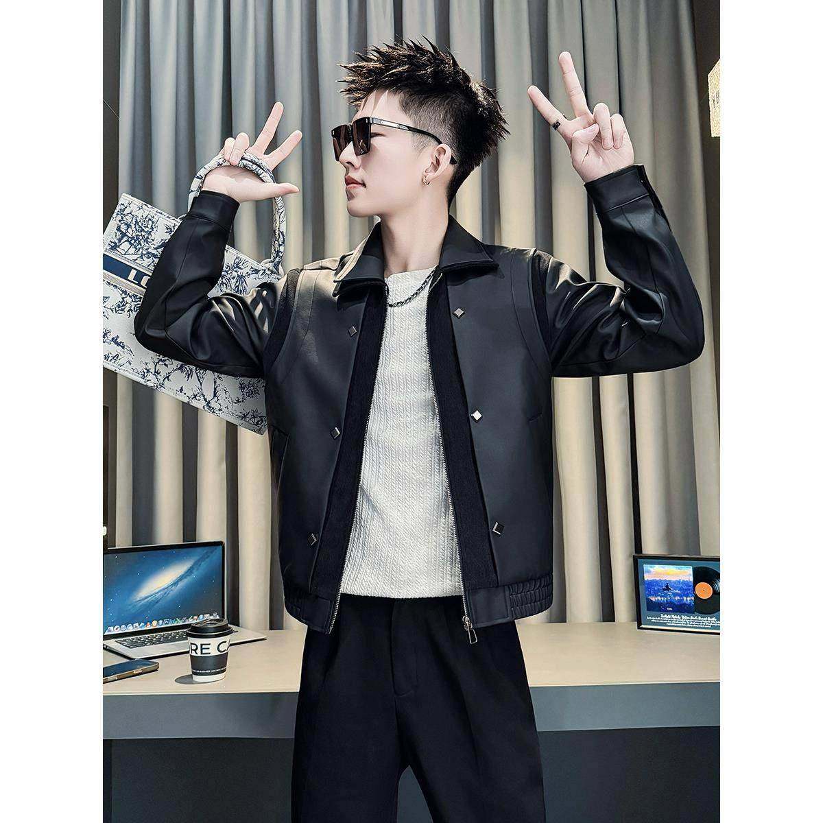 潮流咖色痞帅翻领皮衣男士加厚皮夹克2025秋冬新款高级感休闲外套