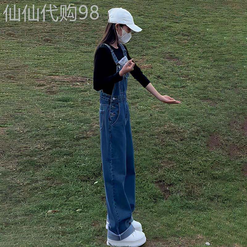 高端牛仔背带裤女春秋季设计感韩版直筒宽松减龄高腰显瘦阔腿裤子