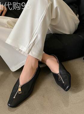 老友记~设计感小众前拉链方头浅口平底单鞋女复古真皮低跟奶奶鞋
