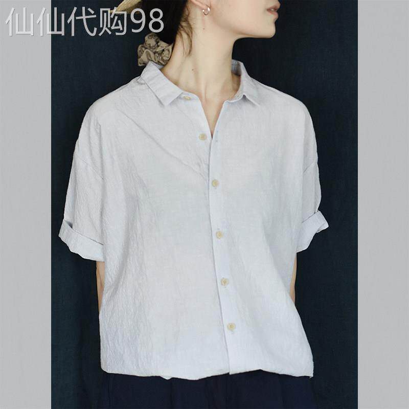 小众设计感显瘦上衣夏季新款女百搭浅蓝色衬衫小翻领休闲短袖小衫