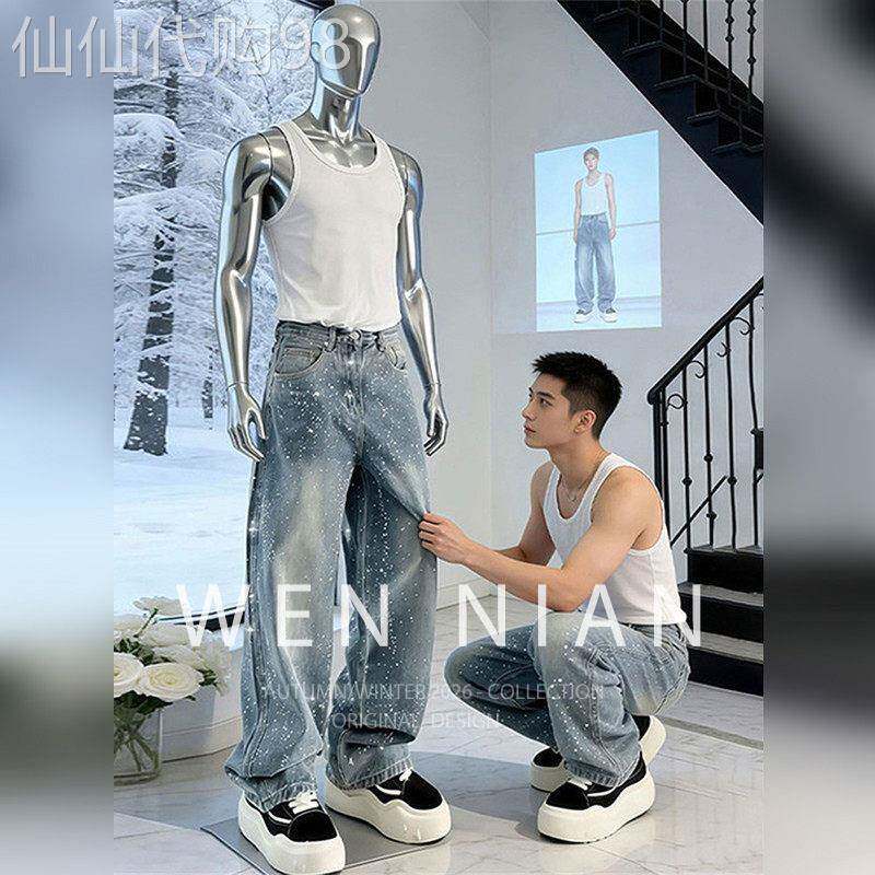 韩国WEN NIAN美式高街烫钻牛仔裤男2026夏季满天星直筒弯刀裤潮牌