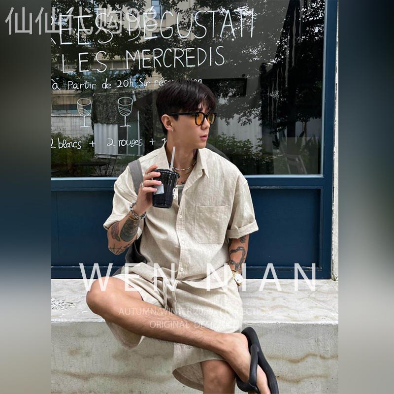 韩国WEN NIAN老钱风复古亚麻套装男款2026夏季痞帅衬衫短裤一整套