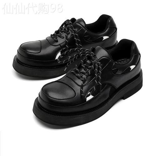 Houston Shoes！哑光黑色德比鞋男厚底小众痞帅个性韩版休闲皮鞋