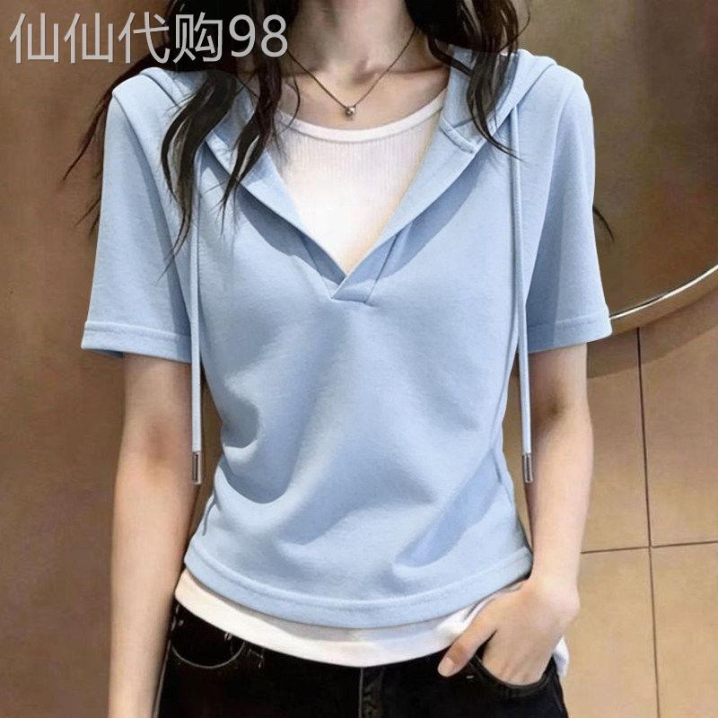 大尺码连帽短袖t恤女纯棉夏季百搭洋派宽松显瘦时尚拼接假两件上