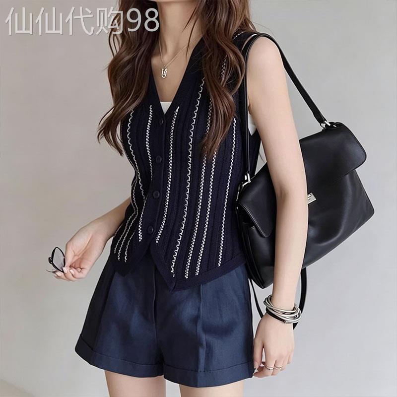 条纹V领针织开衫女夏季薄款2026新款高级感叠穿无袖背心马甲背心