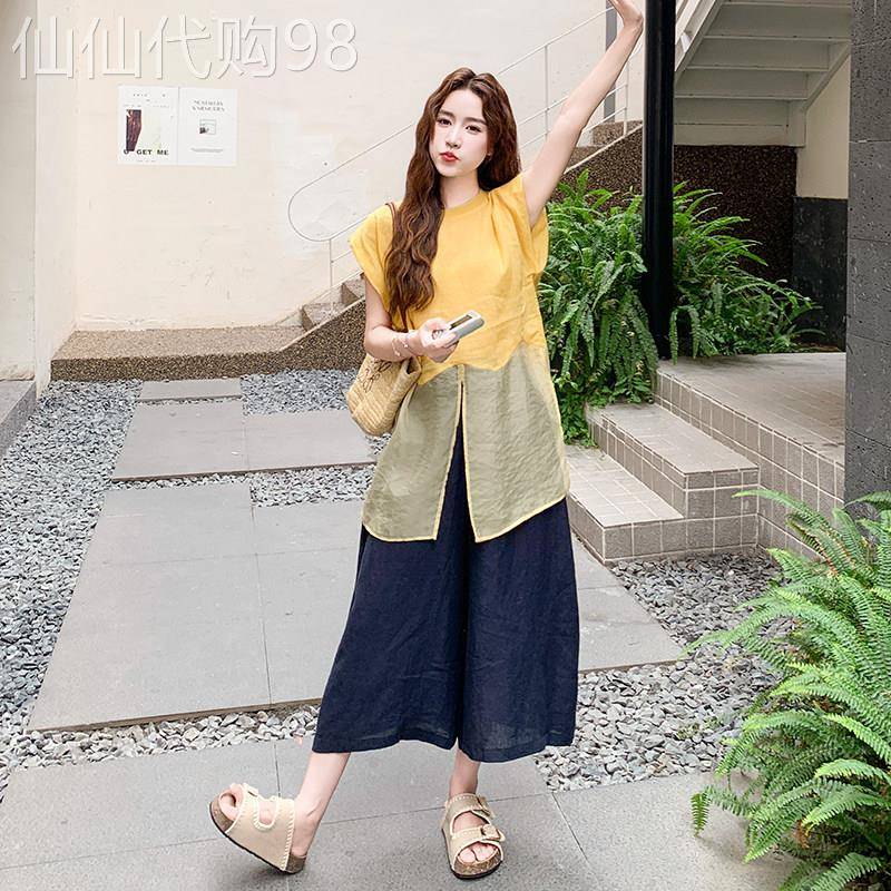 夏日松弛感穿搭棉麻套装女2026新款拼接设计感上衣九分裤子两件套