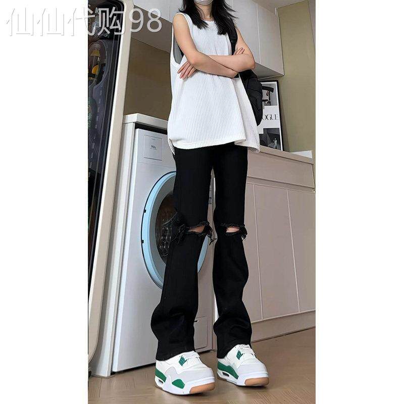 黑色微喇叭破洞牛仔裤女夏季薄款美式高街修身窄版显瘦直筒长裤子