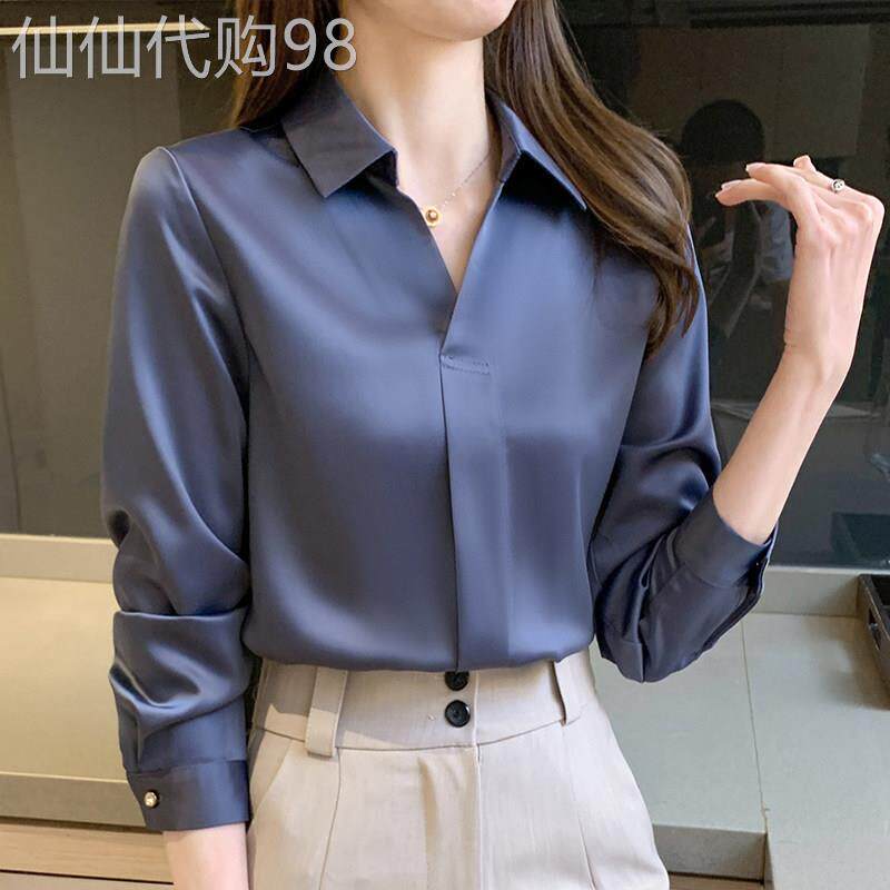 蓝色醋酸缎面衬衫女2025年春秋新款休闲简约长袖上衣高级感衬衣潮