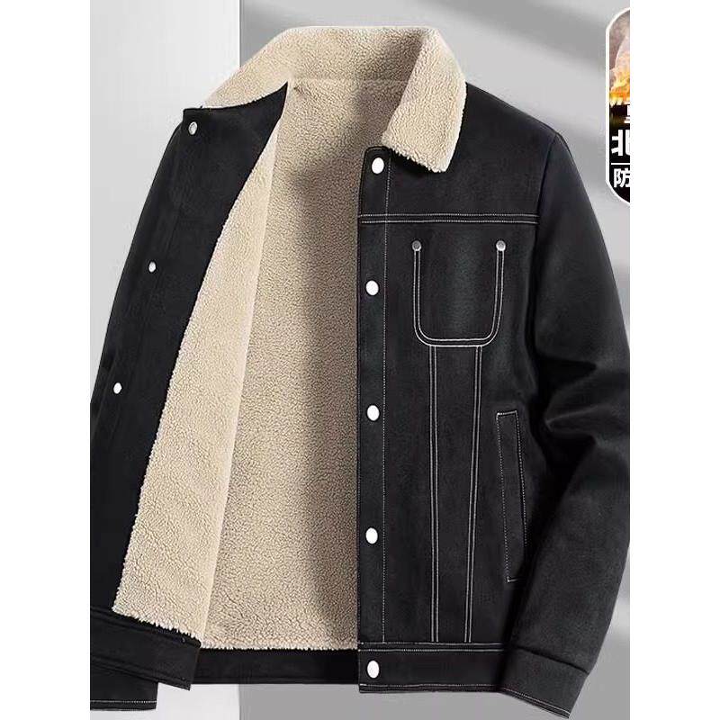 羊羔绒外套男秋冬季翻领麂皮绒棉衣加绒加厚保暖高端男士休闲夹克