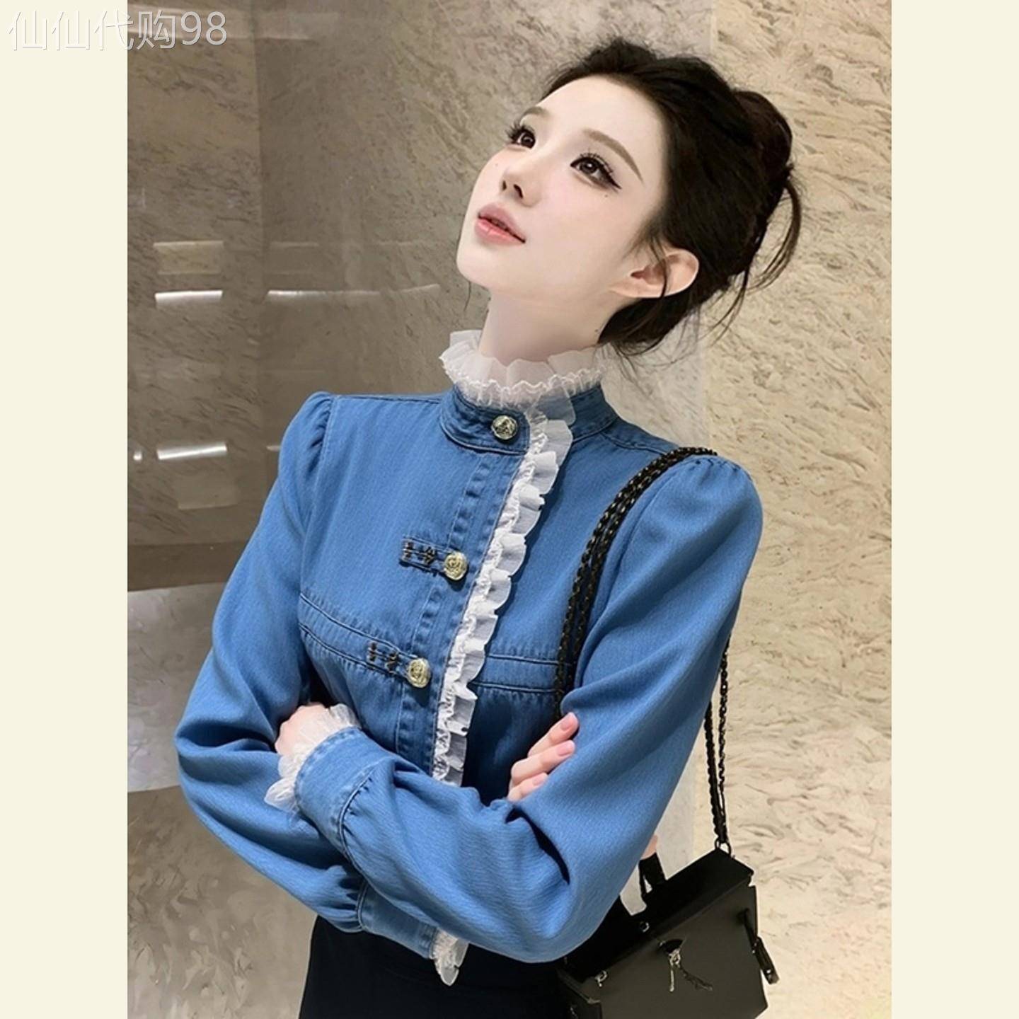 法式时尚设计感超好看上衣春季独特高端小香风复古蓝色牛仔衬衫女