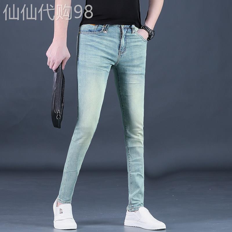 欧洲站男士高端修身牛仔烟管裤春夏季薄款显瘦潮流中腰休闲长裤子