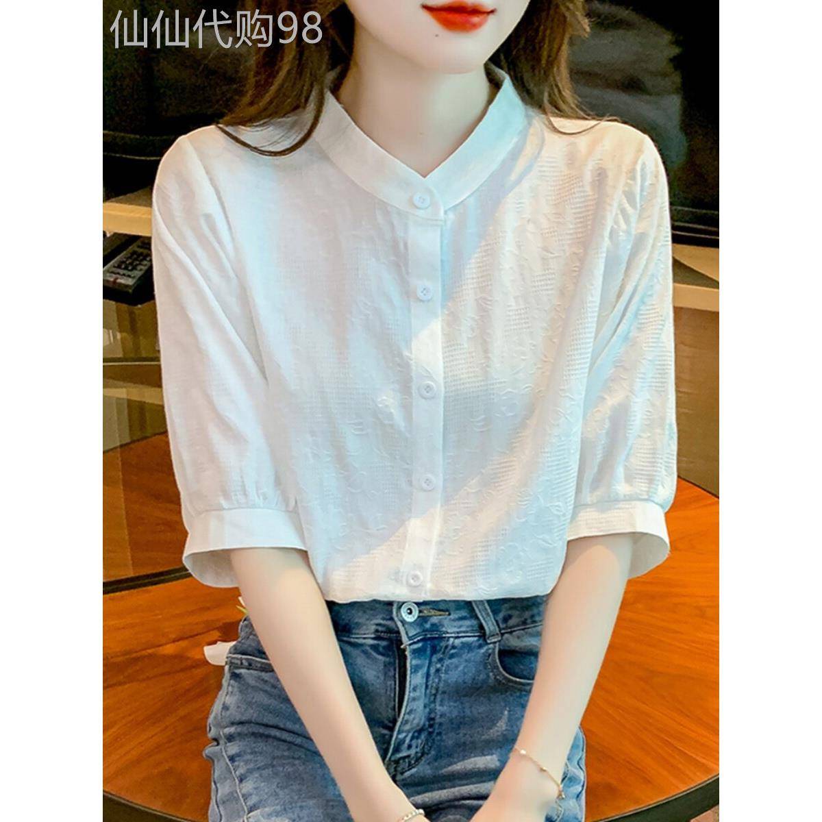 香港Timo立领白衬衫女式四分袖夏季薄优雅上衣短袖纤细西式衬衫