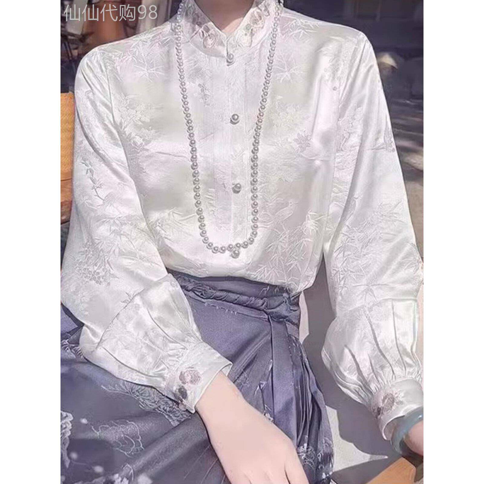 新中式国风汉服马面裙搭配上衣女春秋款高级感气质刺绣提花白衬衫