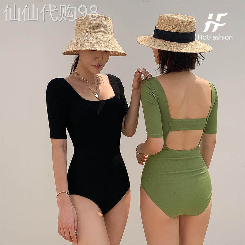 绿色连体短袖性感露背泳衣女士款保守高级感泡温泉装2026新款爆款