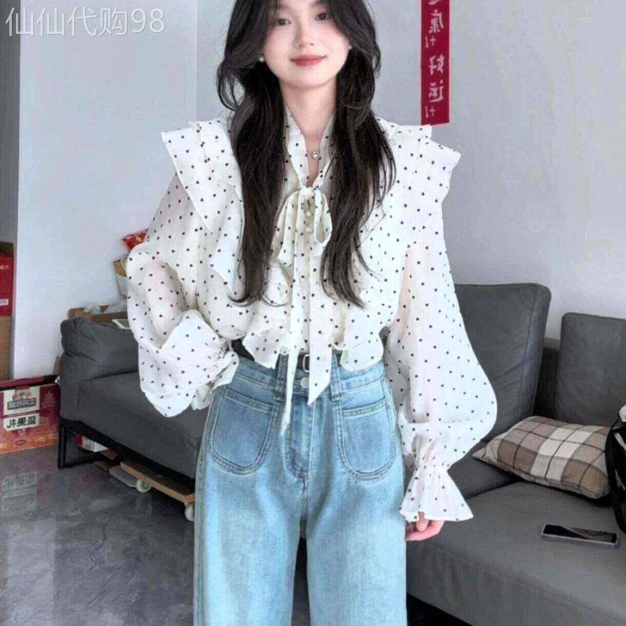 法式荷叶边波点休闲衬衫女春秋2026新款高级感独特别致长袖上衣