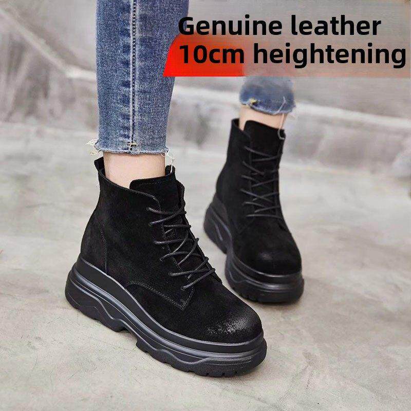 真皮黑色高帮棉鞋内增高10CM小个显高及踝靴冬加绒棉靴百搭单靴女