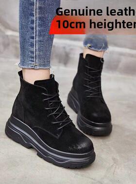 真皮黑色高帮棉鞋内增高10CM小个显高及踝靴冬加绒棉靴百搭单靴女
