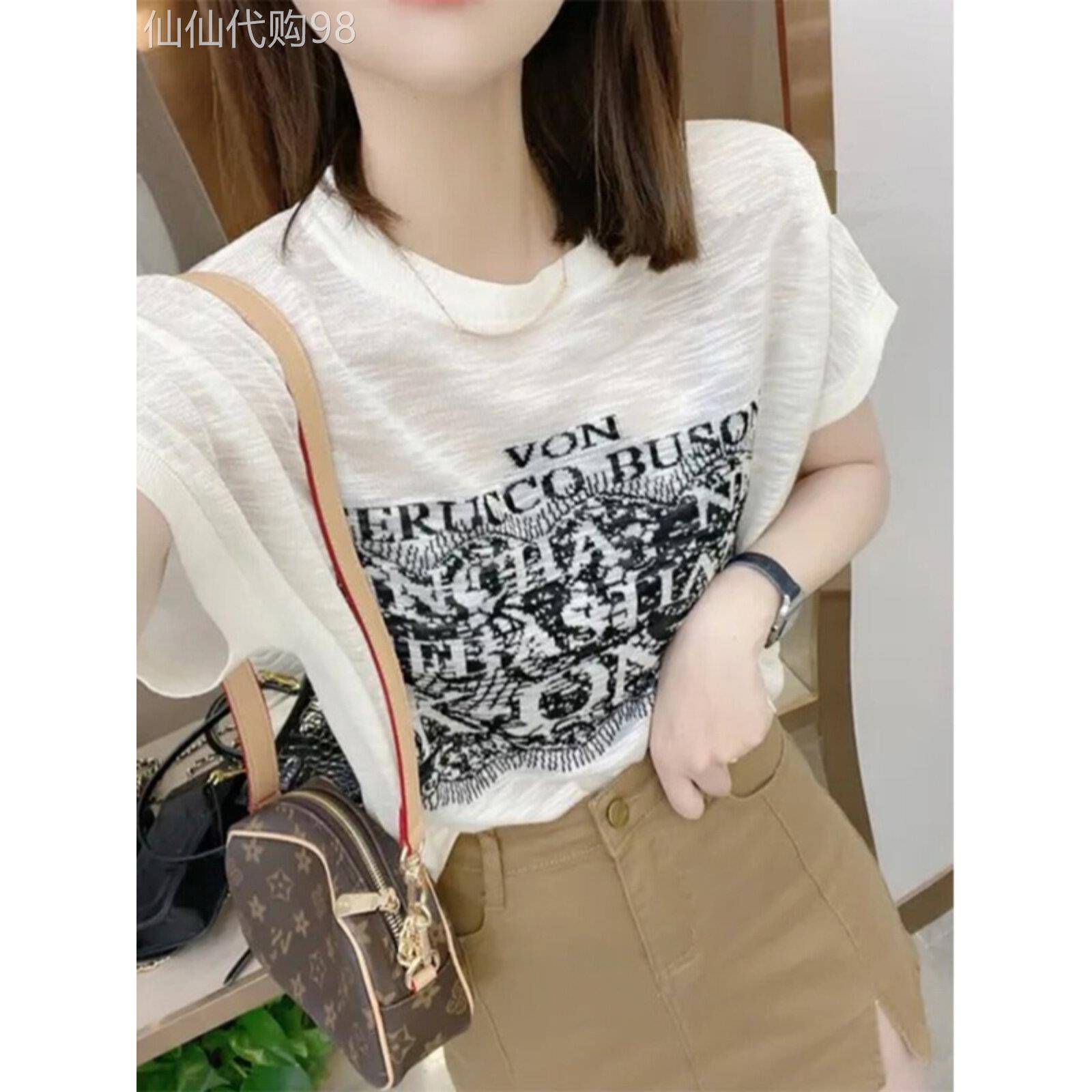 冰丝短袖T恤女夏薄款欧货时尚休闲字母印花圆领套头半袖针织上衣