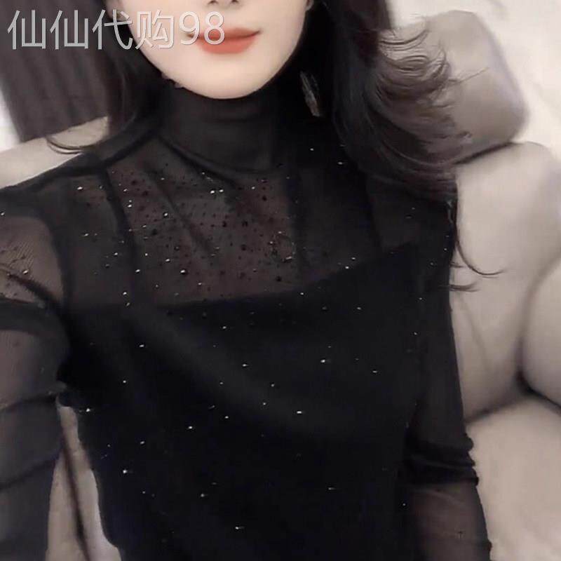 黑色烫钻网纱半高领打底衫女春秋新款欧货洋气修身内搭蕾丝衫上衣