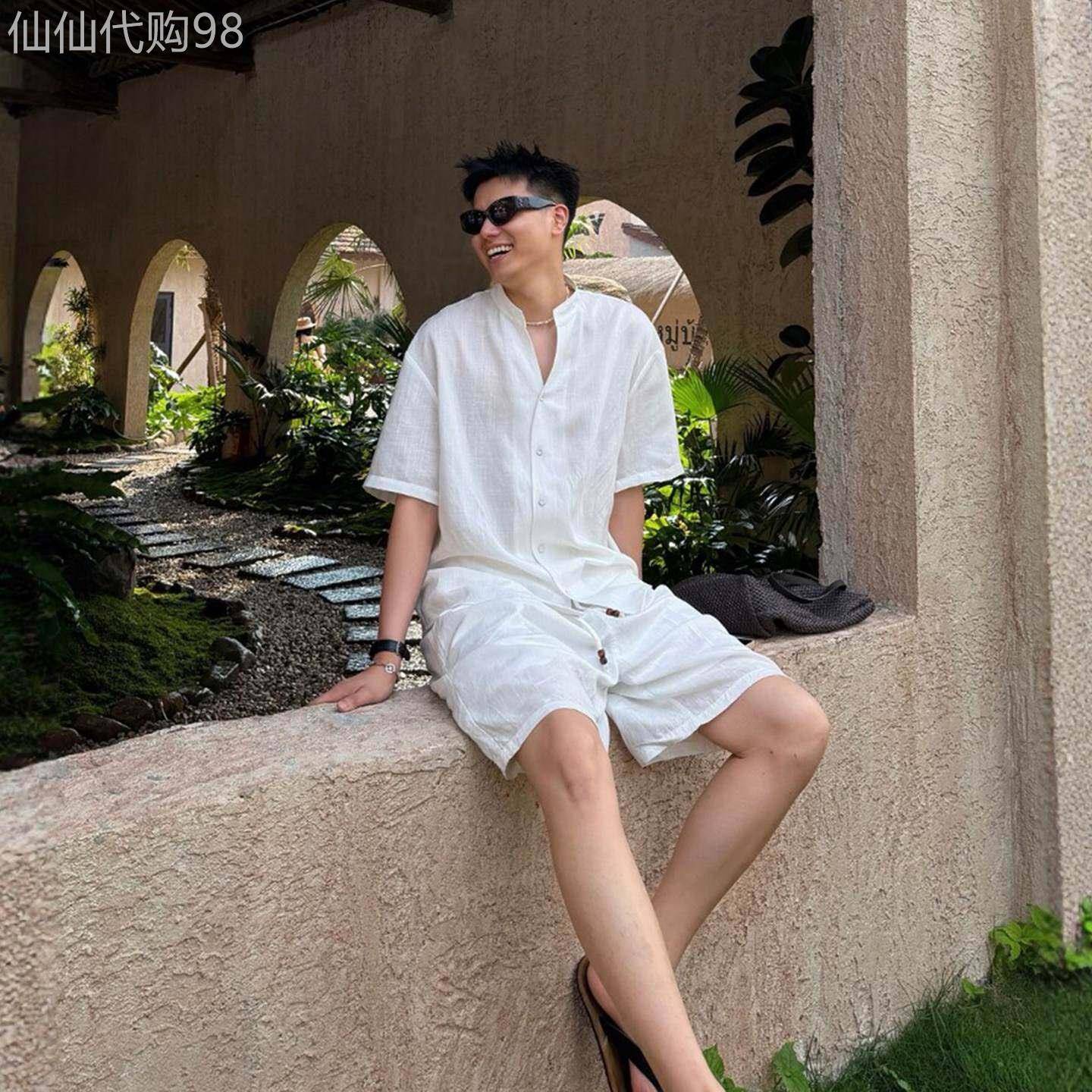 新中式亚麻衬衫男士夏季潮牌宽松立领半袖衬衣老钱风海岛度假上衣