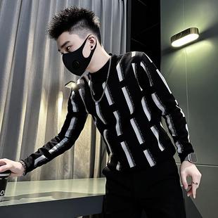 潮牌条纹毛衣男秋冬内搭针织衫韩版高级感百搭痞帅修身潮流打底衫