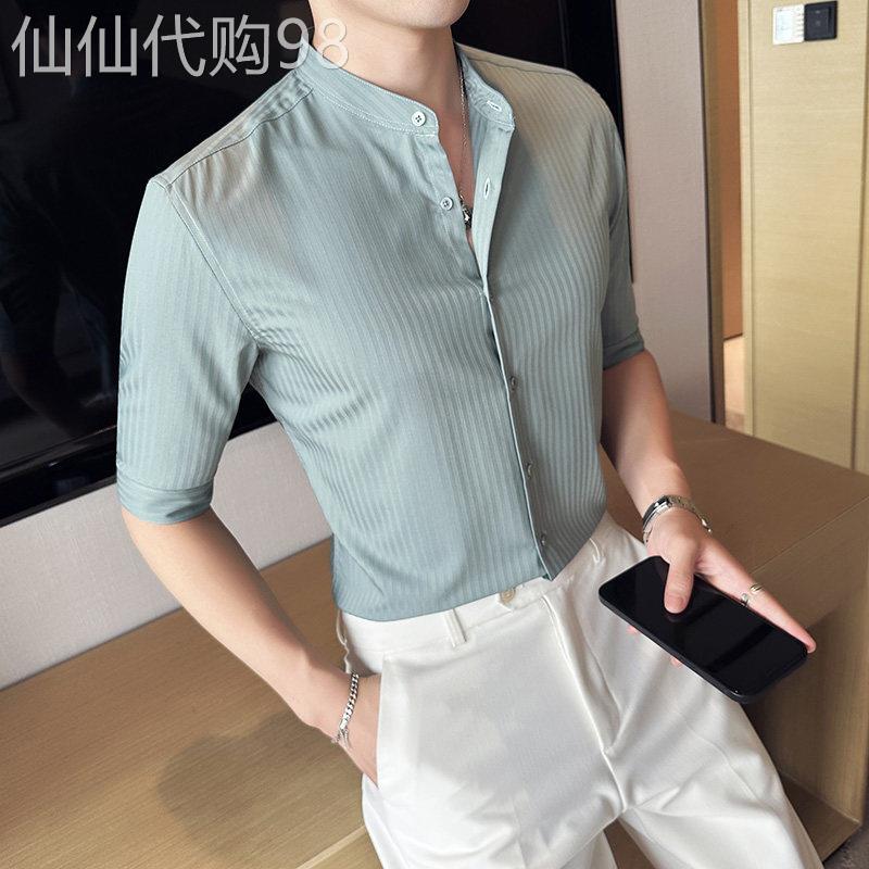 立领条纹衬衫男短袖夏季薄款韩版修身型高级感商务休闲七分袖衬衣