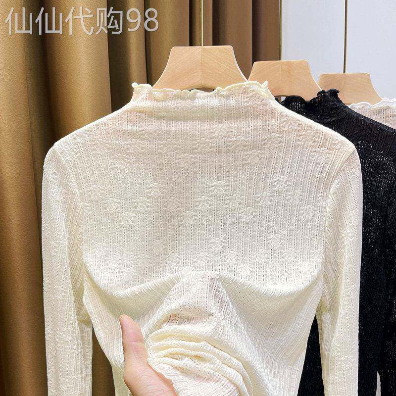 半高领薄款蕾丝内搭小衫女秋冬2026新款木耳边洋气白色网纱打底衫