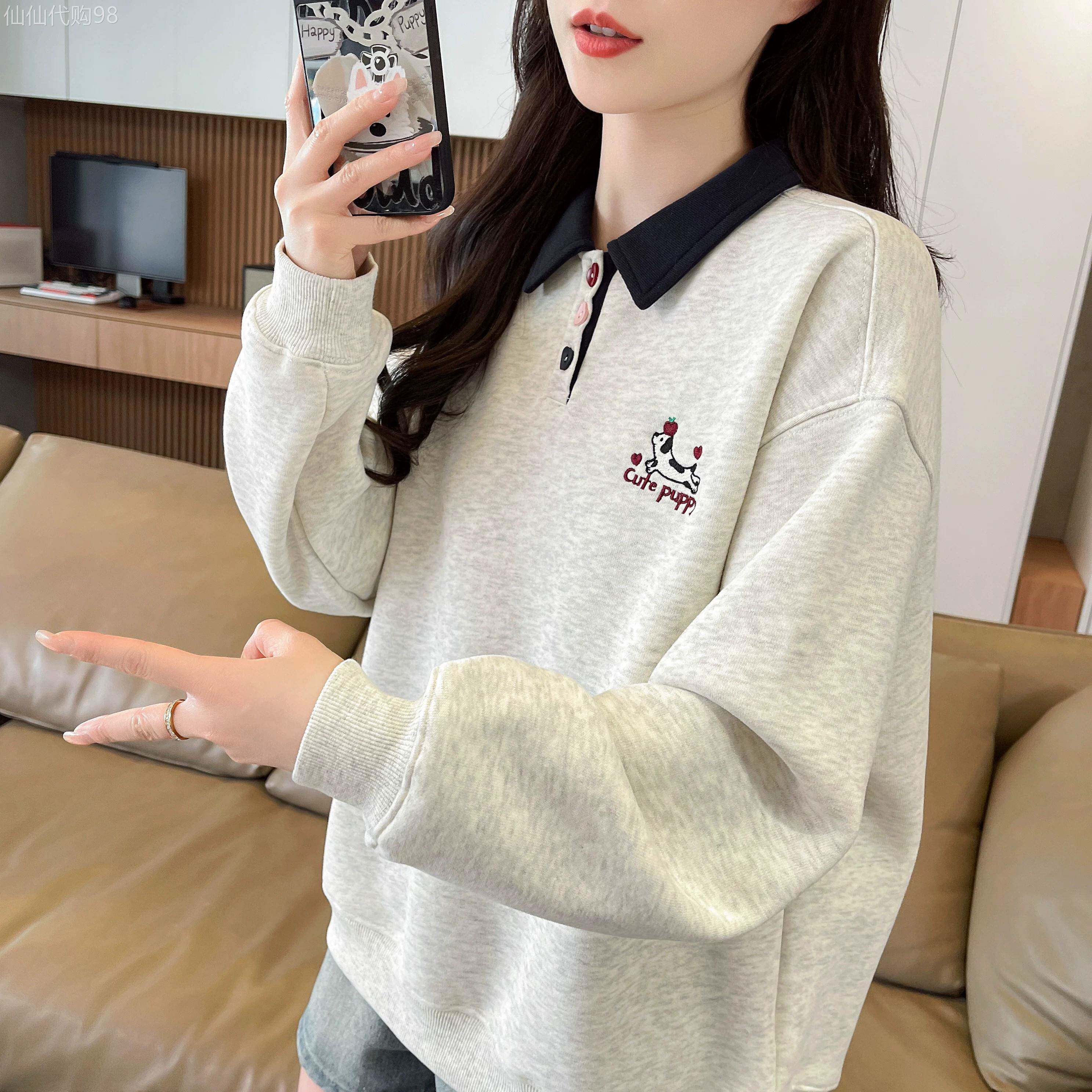 卫衣女春秋2026新款宽松减龄刺绣设计感小个子百搭polo领上衣外套