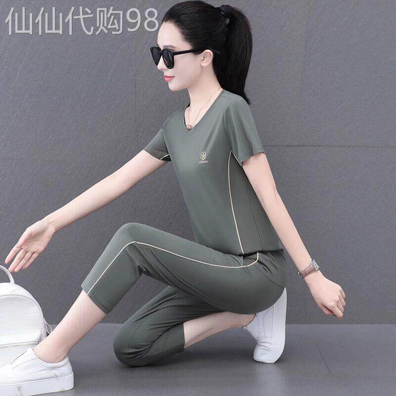 时尚运动套装女士2026新款夏季薄款冰丝七分裤休闲跑步短袖两件套