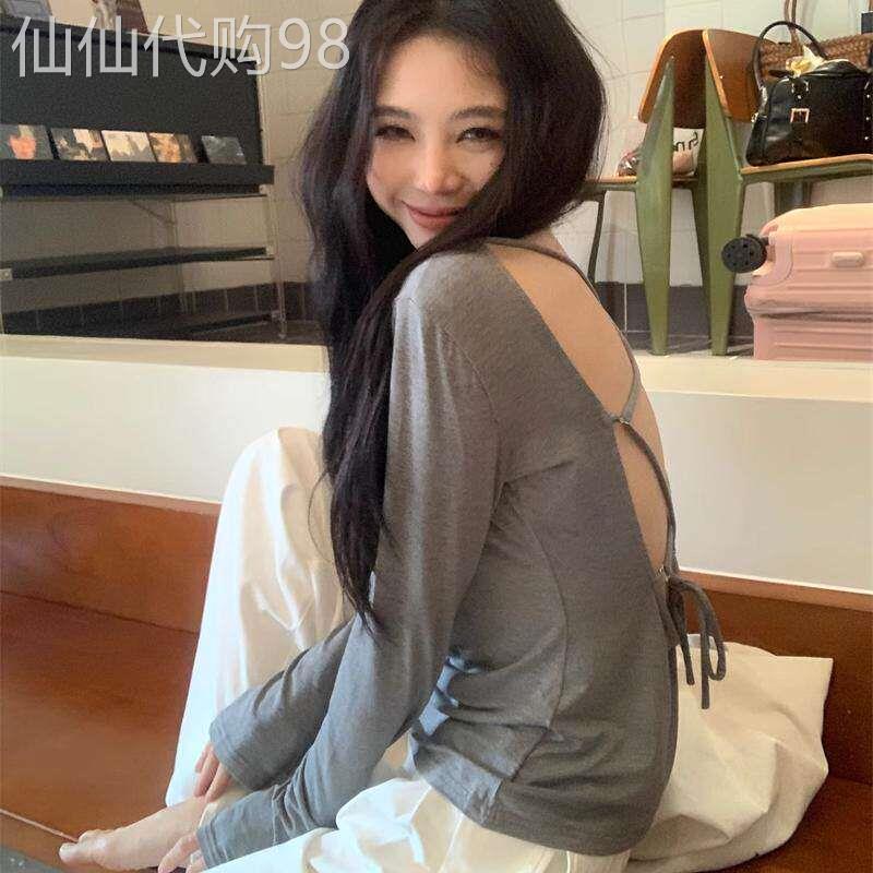 小众设计感别致露背长袖T恤女甜辣妹爵士舞性感后背镂空罩衫上衣