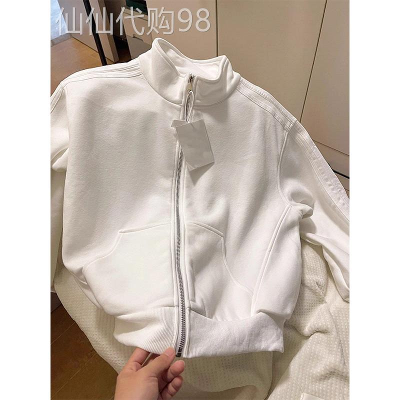 白色立领长袖棒球服女春秋欧货修身显瘦高级感运动通勤风拉炼外套