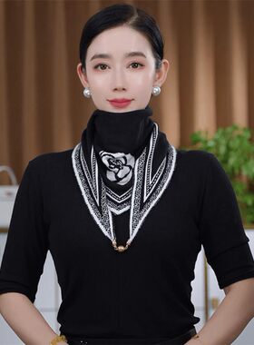 丝颖服饰店秋冬新款时尚气质韩版百搭针织山茶花拼色磁扣三角围巾