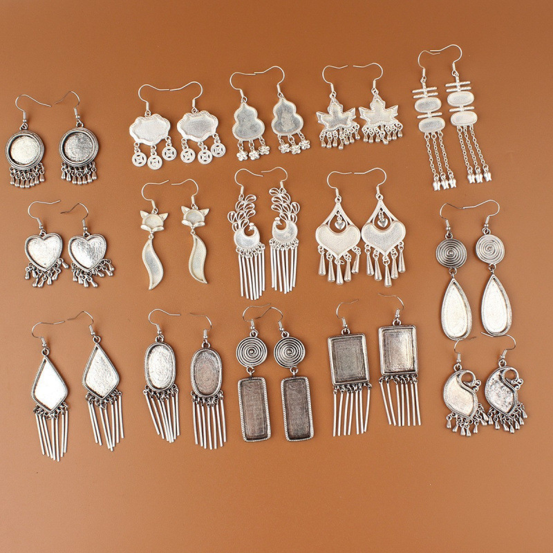 民族风仿苗银手工耳环配件底托