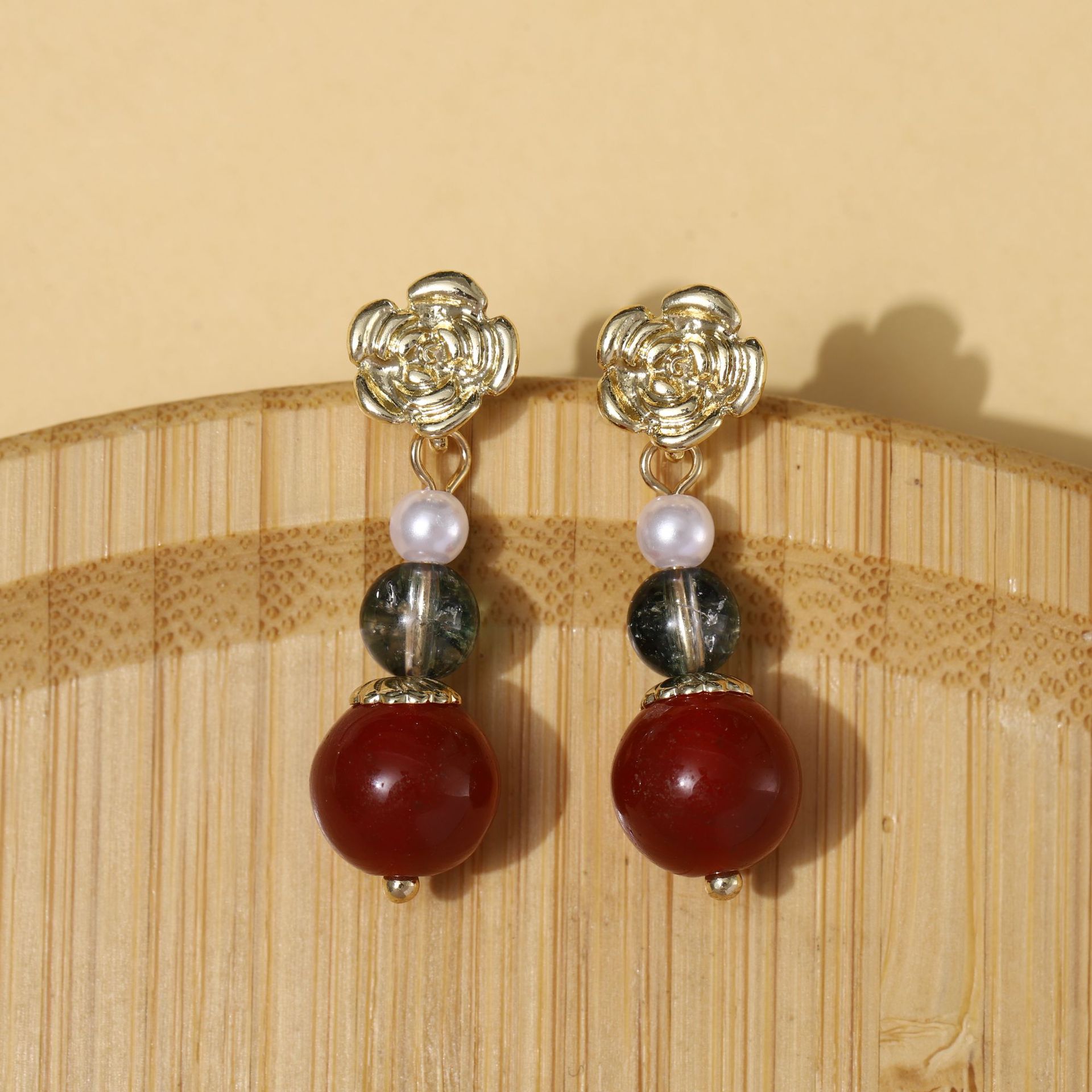 银针复古新中式南红色耳钉气质