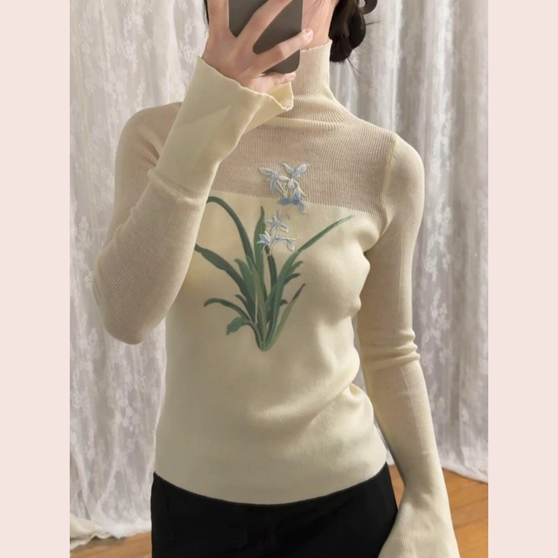 禅意风米黄色高领花卉打底衫女内搭2025新款设计感修身气质上衣冬,女装/女士精品,大码内搭,淘宝优惠券,粉丝福利购,淘宝优惠卷