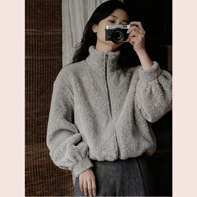 复古灰色仿貂绒立领毛毛拉链外套慵懒风高级软糯短夹克衫2025冬季