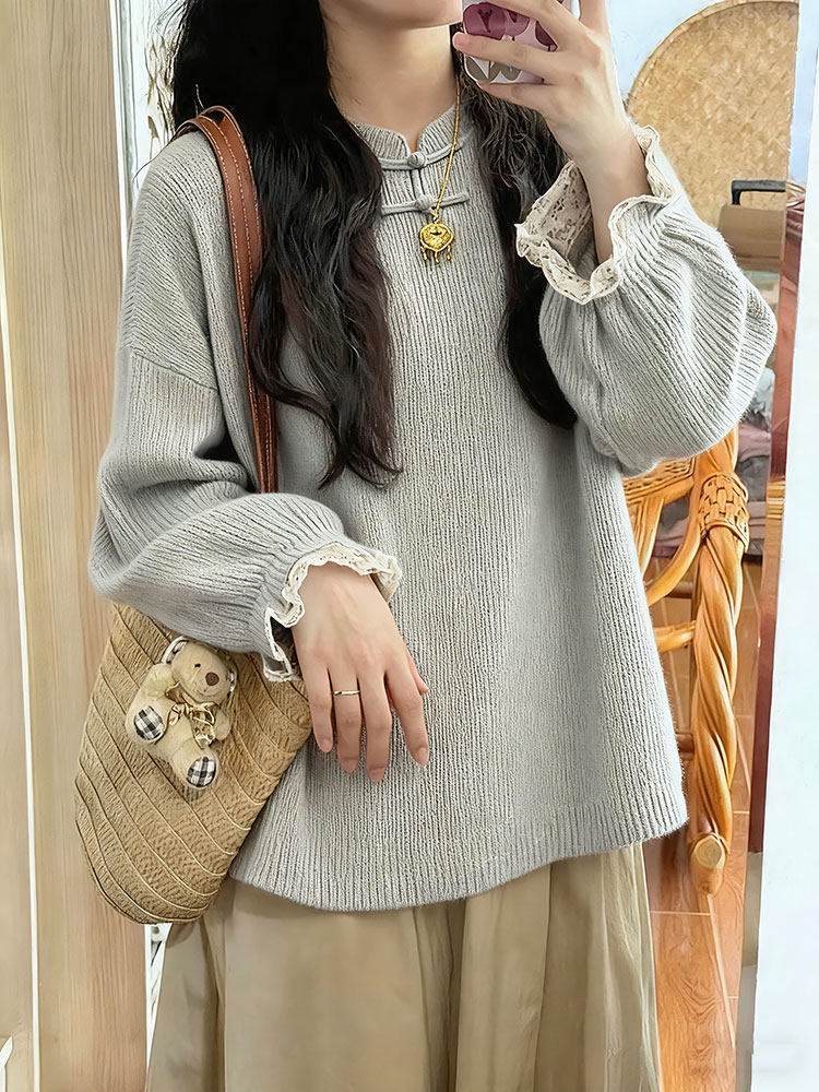 新中式轻国风灰色立领盘扣蕾丝拼接针织衫慵懒高级感毛衣2025秋季