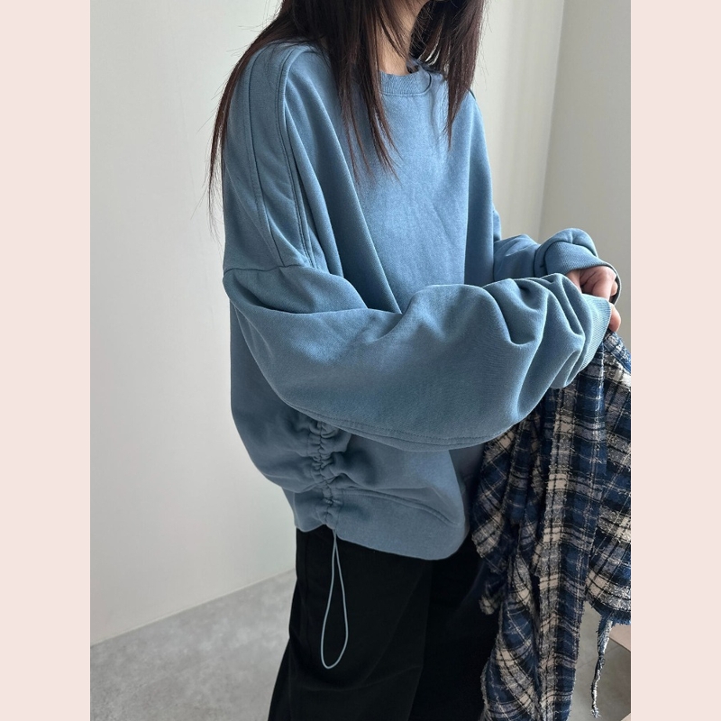 韩系穿搭蓝色侧抽绳落肩圆领卫衣极简风高级感复古休闲上衣2025冬