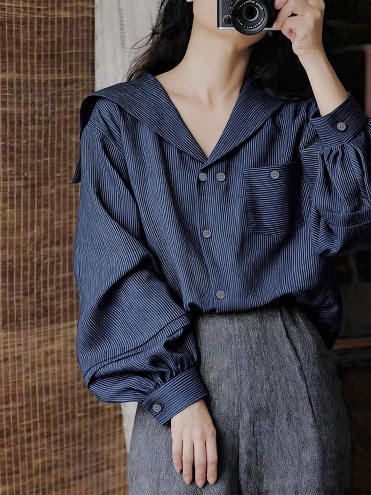 航海系藏蓝色条纹海军领长袖上衣设计感独特漂亮法式小衬衫2025秋