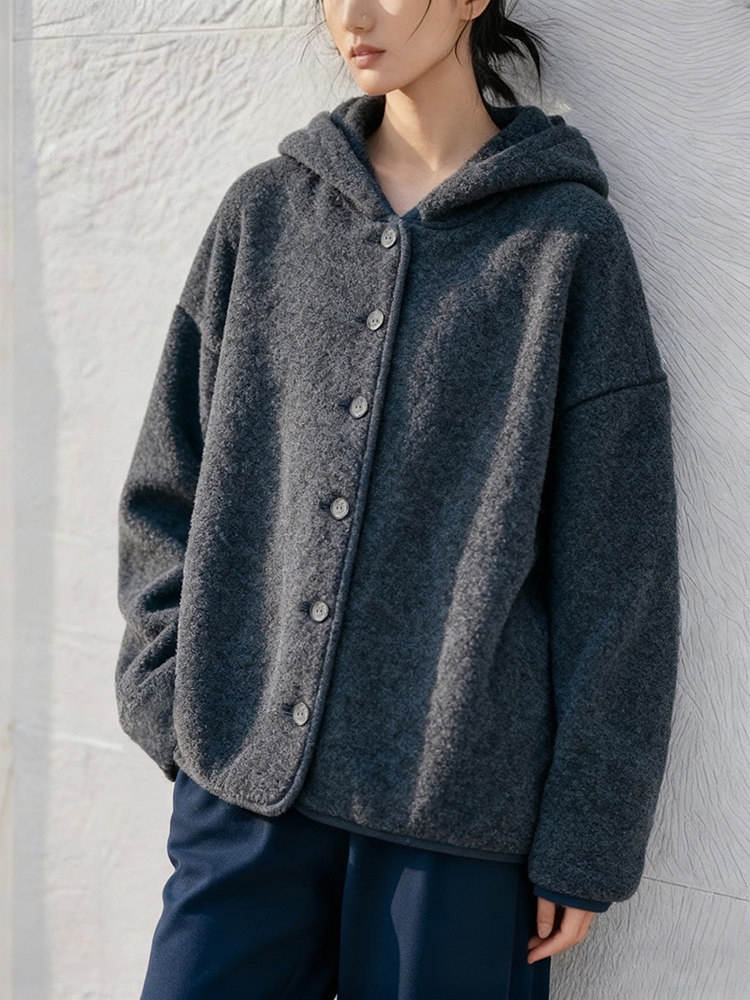 深灰色摇粒绒单排扣连帽厚外套2025新款慵懒风高级感大衣夹克冬季