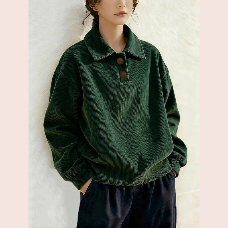 墨绿色灯芯绒polo领纽扣套头上衣打底内搭慵懒风复古衬衫2025冬季,女装/女士精品,衬衫,淘宝优惠券,粉丝福利购,淘宝优惠卷