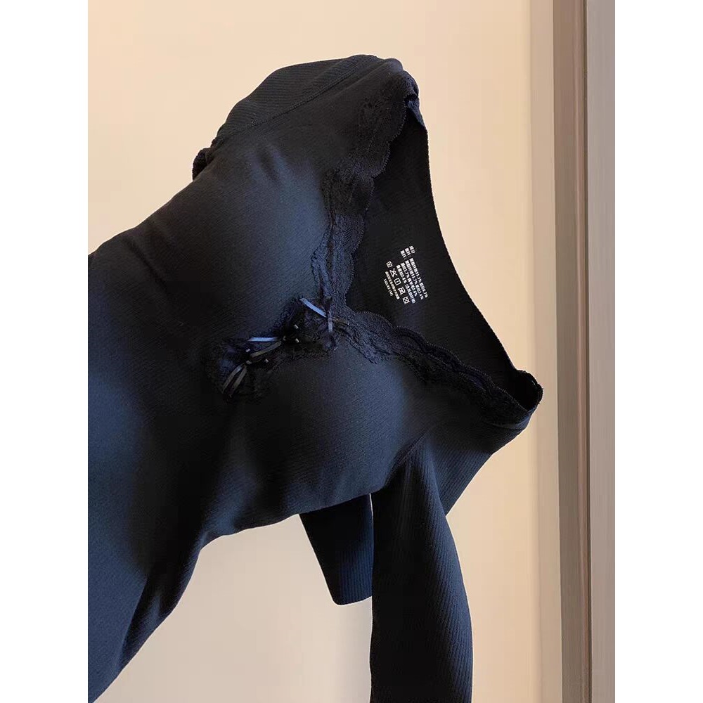 德绒【带胸垫可拆卸】韩系v领蕾丝蝴蝶结花边磨毛打底衫女内搭上