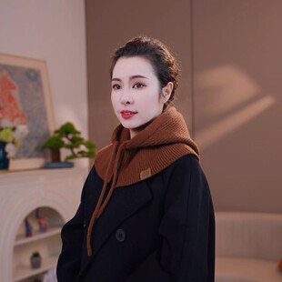 带扣绵羊毛纯色毛线帽子围脖一体女秋冬加厚针织连帽围巾