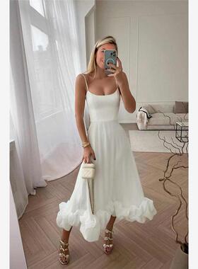 Women Elegant Party Dress Summer欧美吊带大摆立体花朵A字裙女