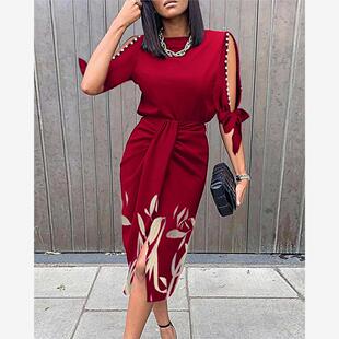 印花通勤收褶连衣裙Leaf Print Pearls Decor Knotted Work Dress