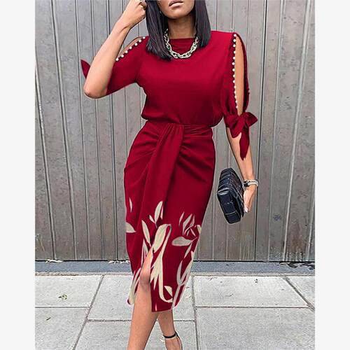 印花通勤收褶连衣裙Leaf