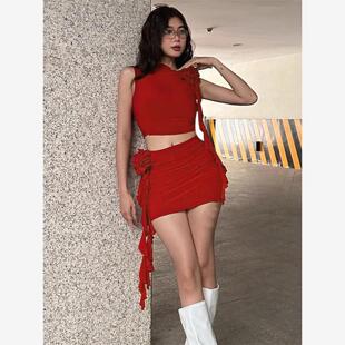 instunning欧美红色辣妹套装女立体花朵无袖背心上衣包臀裙两件套